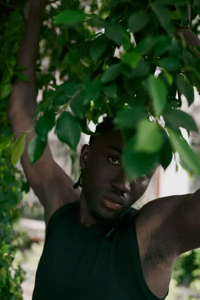 Stylish man stands beneath tree, hands on head. — Stock Photo