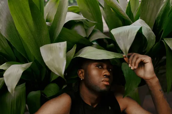 Beau Afro-Américain dans le style dapper posant parmi les plantes vertes vibrantes. — Photo de stock