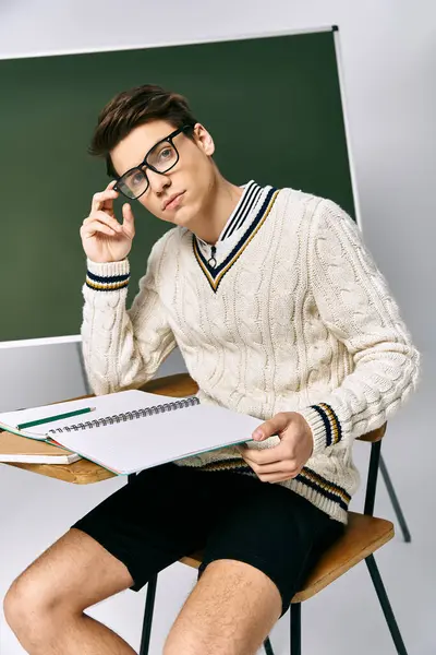A young man in glasses sits at a desk with a notebook, deep in thought. — Stock Photo