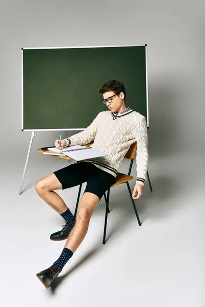 Un homme sur une chaise près d'un tableau noir à l'université. — Photo de stock