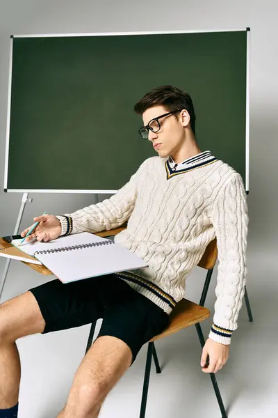 Handsome student in uniform sitting in front of a green board in a college setting. — Stock Photo