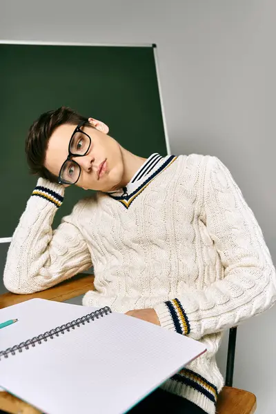 Un homme à lunettes assis à un bureau avec un cahier, profondément dans la pensée. — Photo de stock