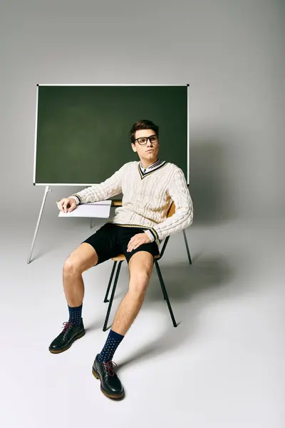 Ein hübscher Student in Uniform sitzt an einem Stuhl neben einer grünen Tafel. — Stockfoto