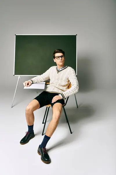 Un bellissimo studente in uniforme seduto su una sedia accanto a una lavagna verde. — Foto stock