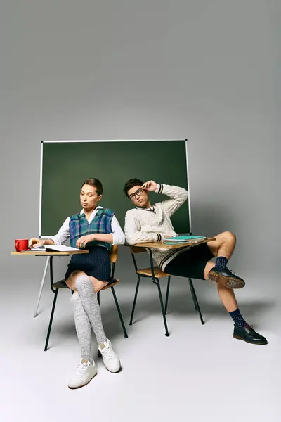 Stylish man and woman in front of a green board in a college setting. — Stock Photo