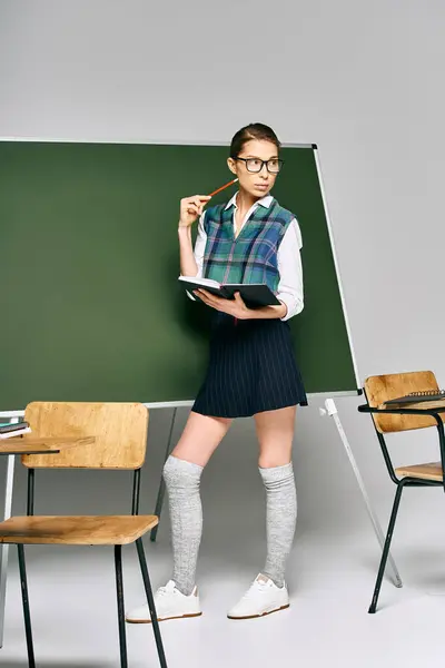 Mujer en uniforme escolar se para frente al tablero verde. - foto de stock