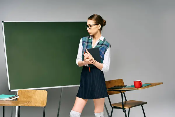 Una giovane studentessa in uniforme scolastica sta davanti a una tavola verde. — Foto stock