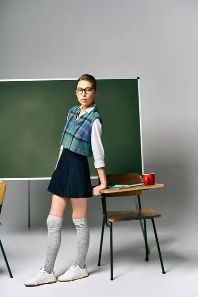 A female student in a school uniform stands confidently in front of a green board. — Stock Photo