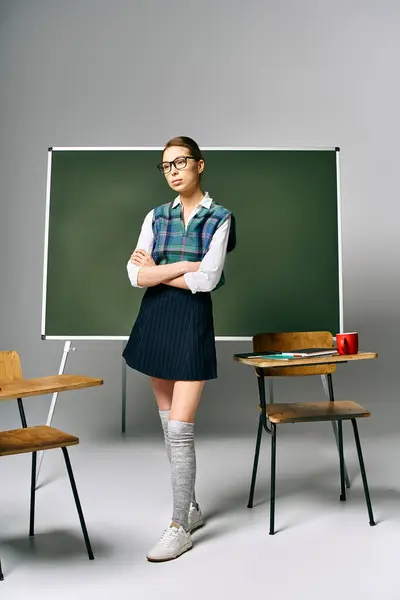 Female student in school uniform standing before a green board at college. — Stock Photo