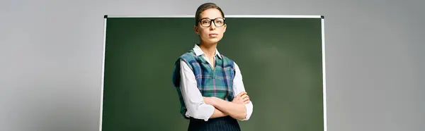 Belle étudiante en uniforme devant un tableau vert. — Photo de stock