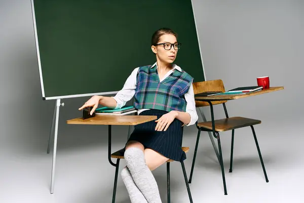 Uma jovem de uniforme senta-se em uma mesa na frente de um quadro verde em uma sala de aula da faculdade. — Fotografia de Stock