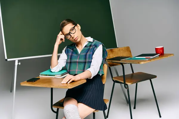 Una studentessa in uniforme seduta ad una scrivania davanti ad una lavagna verde in una classe universitaria. — Foto stock