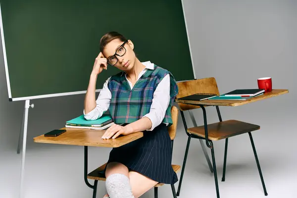 A female student in uniform sitting at a desk in front of a green board in a college classroom. — Stock Photo
