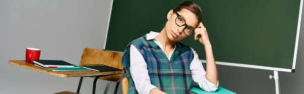 Eine Studentin in Uniform sitzt vor einem grünen Brett in einem College-Klassenzimmer. — Stockfoto