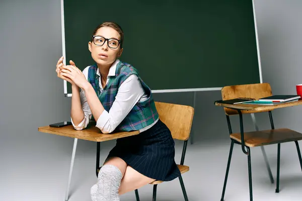 Young woman in uniform sitting at desk in front of green board. — Stock Photo