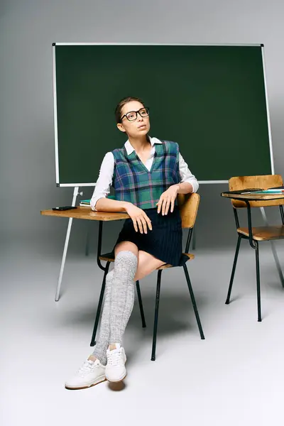 Студентка в уніформі уважно сидить перед зеленою дошкою. — стокове фото