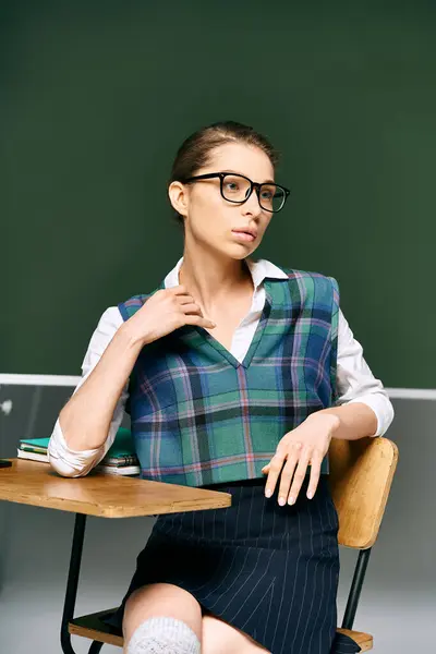 Young woman with glasses at desk in classroom. — Stock Photo