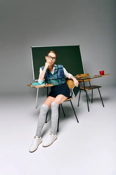 A young female student in school uniform seated before a green board, immersed in thought. — Stock Photo