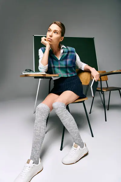 Una mujer con estilo en calcetines de rodilla alta se sienta en un escritorio en un aula de la universidad. - foto de stock