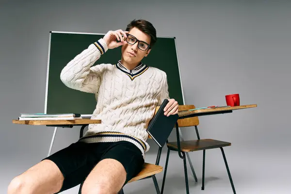 A young man deep in thought while sitting in front of a green board. — Stock Photo
