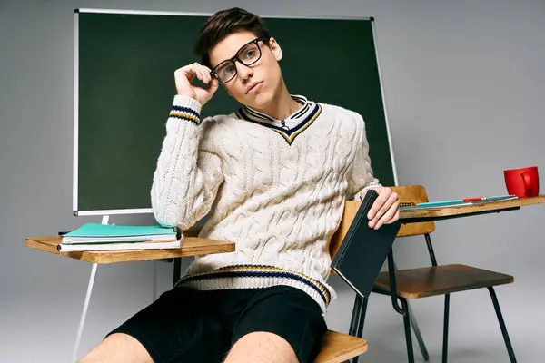 Young man in deep thought sitting by a green board. — Stock Photo