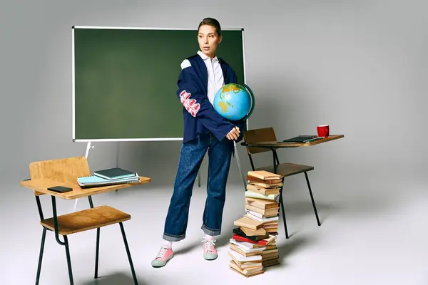 A woman stands by a desk with books and a globe. — Stock Photo