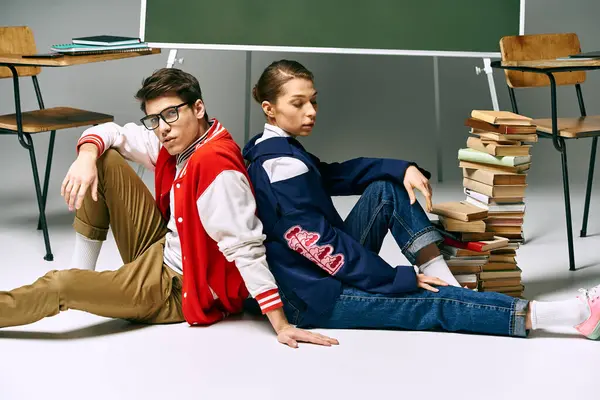 Two students in casual attire sitting on the floor with books in front of them. — Stock Photo