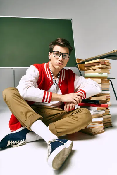 Young man seated before a towering stack of books. — Stock Photo