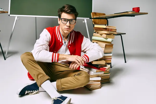 Joven sentado en medio de libros en el suelo. — Stock Photo