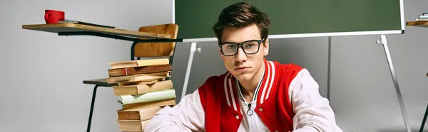 A man in glasses sitting in front of a desk. — Stock Photo