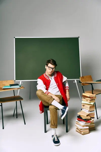 Man sitting, surrounded by books, in front of green board. — Stock Photo