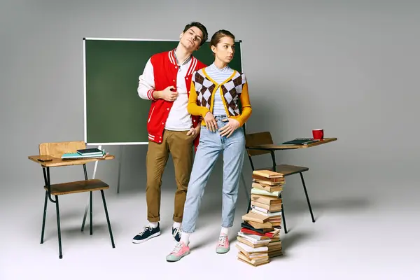 Un elegante estudiante masculino y femenino posan frente a un tablero verde en un aula universitaria. - foto de stock