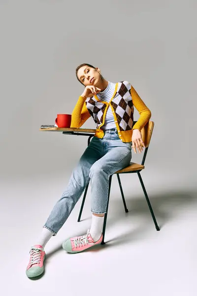 Uma mulher se senta pacificamente em uma cadeira, desfrutando de uma xícara de café. — Fotografia de Stock