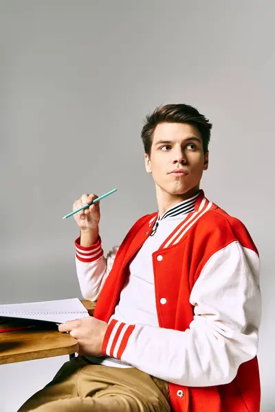 Young man with pencil at desk, deep in thought. — Stock Photo