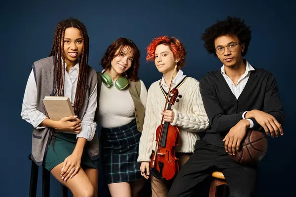 Groupe multiculturel de jeunes amis, debout ensemble dans une tenue élégante sur un fond bleu foncé. — Photo de stock