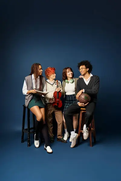 A group of young multicultural friends, including a nonbinary person, sitting closely next to each other in stylish attire on a dark blue background. — Stock Photo