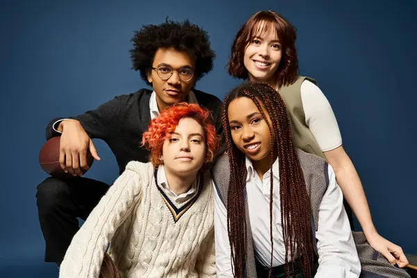 Young friends, sitting closely together in stylish attire, forming a bond on a dark blue background. — Stock Photo