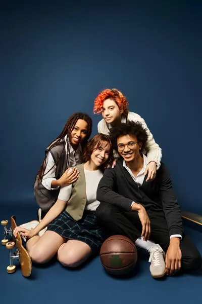 Multicultural group of young friends, sitting together in stylish attire on a dark blue background. — Stock Photo