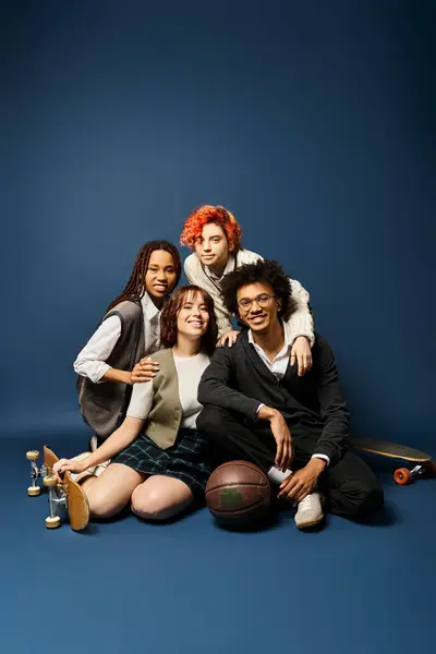 Multicultural friends, sitting closely in stylish attire against a dark blue background. — Stock Photo