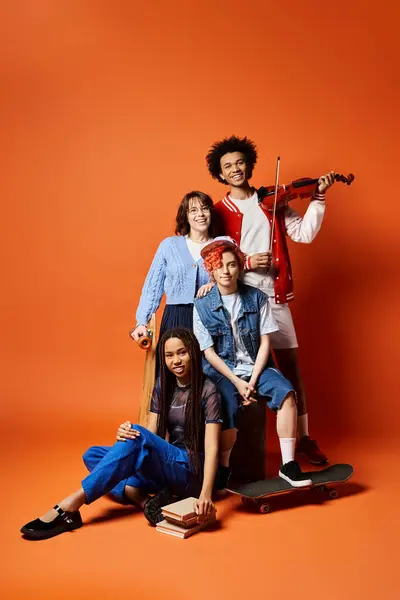 Multicultural friends, including a nonbinary person, pose in stylish attire in a studio setting. — Stock Photo