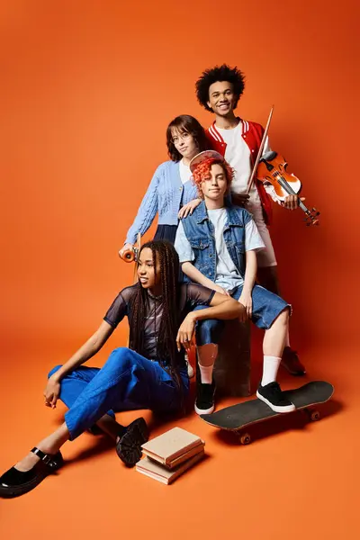 Jóvenes amigos multiculturales en elegantes poses huelga de ropa, exudando unidad y alegría en un entorno de estudio. - foto de stock