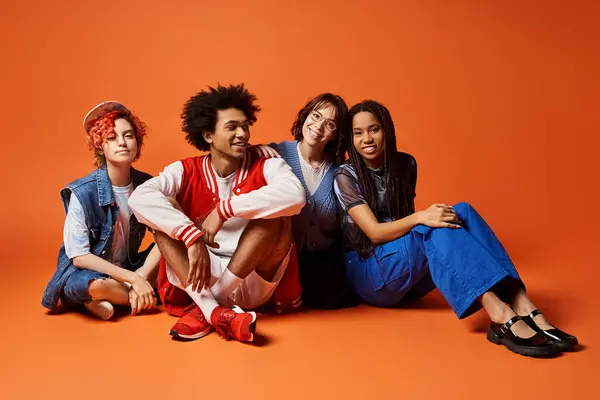 A group of young, multicultural friends, including a nonbinary person, sitting closely together in stylish attire in a studio setting. — Stock Photo