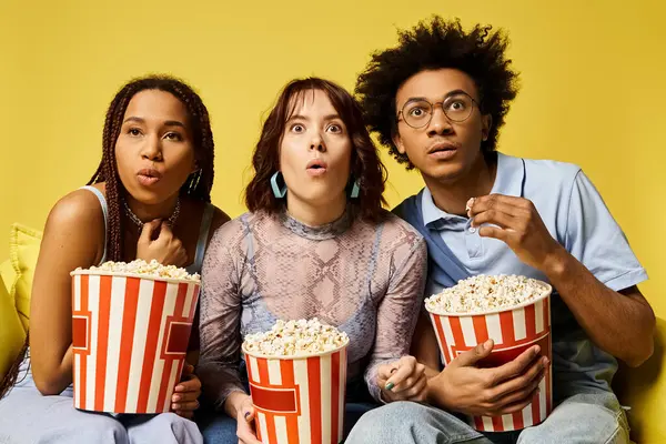 A diverse trio of friends relaxes on a couch, each holding a bucket of popcorn in a cozy setting. — Stock Photo