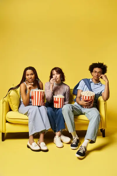 Tres jóvenes amigos multiculturales sentados en un sofá, comiendo palomitas de maíz y disfrutando de una noche de cine juntos en un ambiente acogedor. - foto de stock