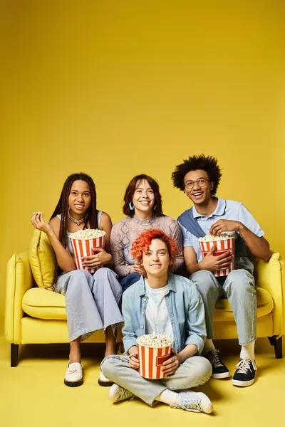 Eine Gruppe junger multikultureller Freunde, darunter eine nicht binäre Person, die es sich auf einer stylischen gelben Couch im Studio gemütlich macht. — Stockfoto