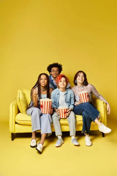 Jeune, divers amis en tenue élégante assis joyeusement sur un canapé jaune, regarder un film dans un cadre de studio. — Photo de stock
