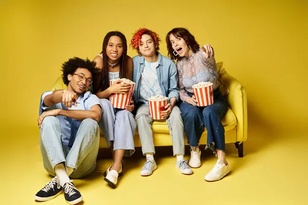 Eine bunte Gruppe von Freunden, darunter eine nichtbinäre Person, sitzt gemütlich zusammen auf einer leuchtend gelben Couch und schaut sich in einem gemütlichen Studio einen Film mit Popcorn an.. — Stockfoto
