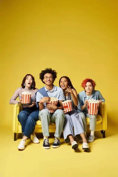 A group of young multicultural friends in stylish attire, sitting and chatting on top of a bright yellow couch. — Stock Photo