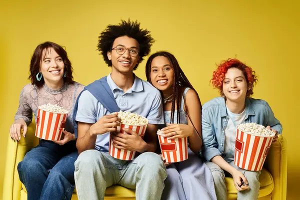 Eine bunte Gruppe von Menschen sitzt zusammen und hält Eimer mit Popcorn in einer modischen Studiokulisse. — Stockfoto