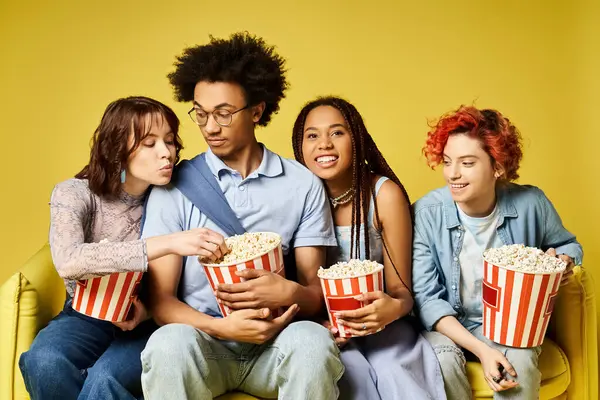 Junge multikulturelle Freunde in stylischer Kleidung sitzen zusammen auf einer gelben Couch in einem Studio-Ambiente und schaffen eine lebendige Szene. — Stockfoto